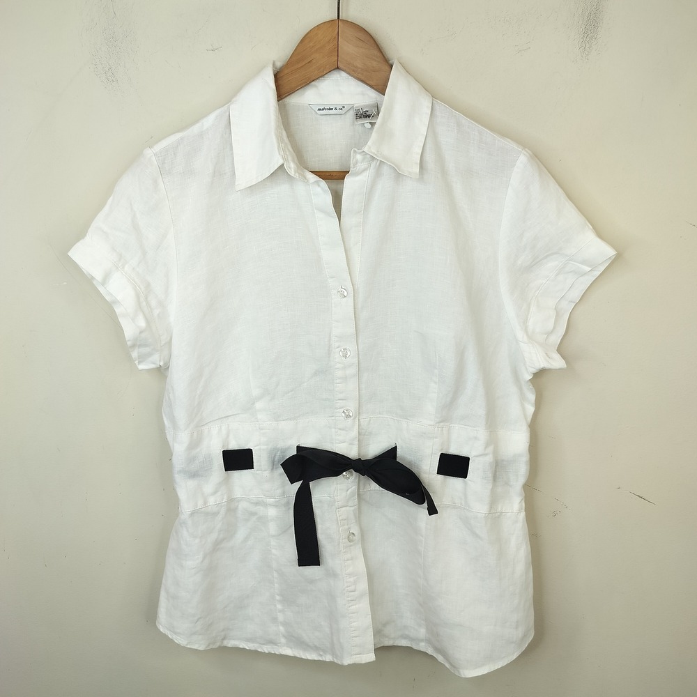 Malcolm & Co Linen Button Down Shirt Large Ribbon Tie Waist Short Sleeve
